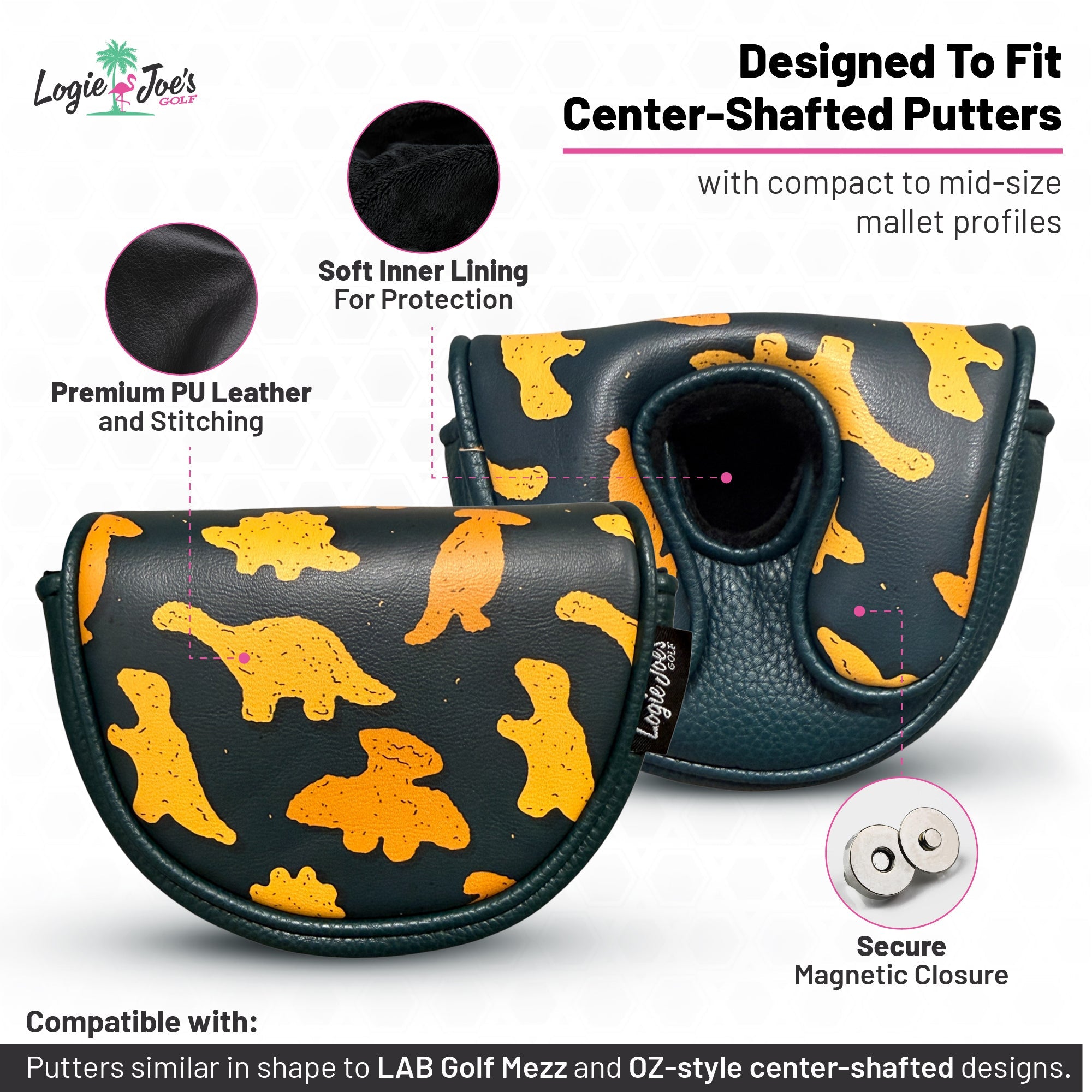 Dino Nugget Center-Shafted Mid-Mallet Putter Headcover | Premium Magnetic Golf Head Cover | Soft Protective Lining | Fits Center-Shafted Putters