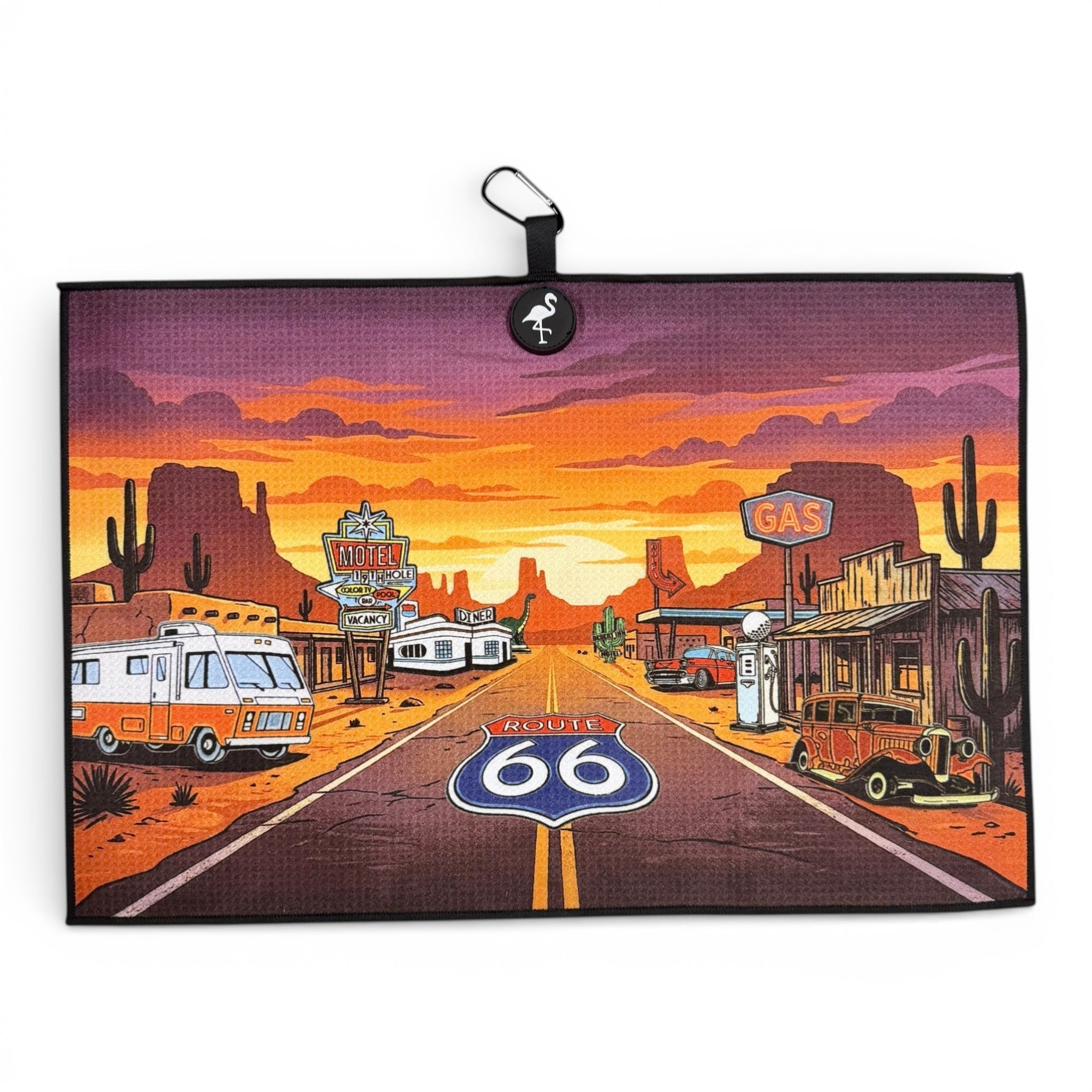Route 66 Golf Towel | Premium Double-Sided Microfiber | Heavy-Duty Magnetic Towel with Carabiner Clip | 24 x 16 in