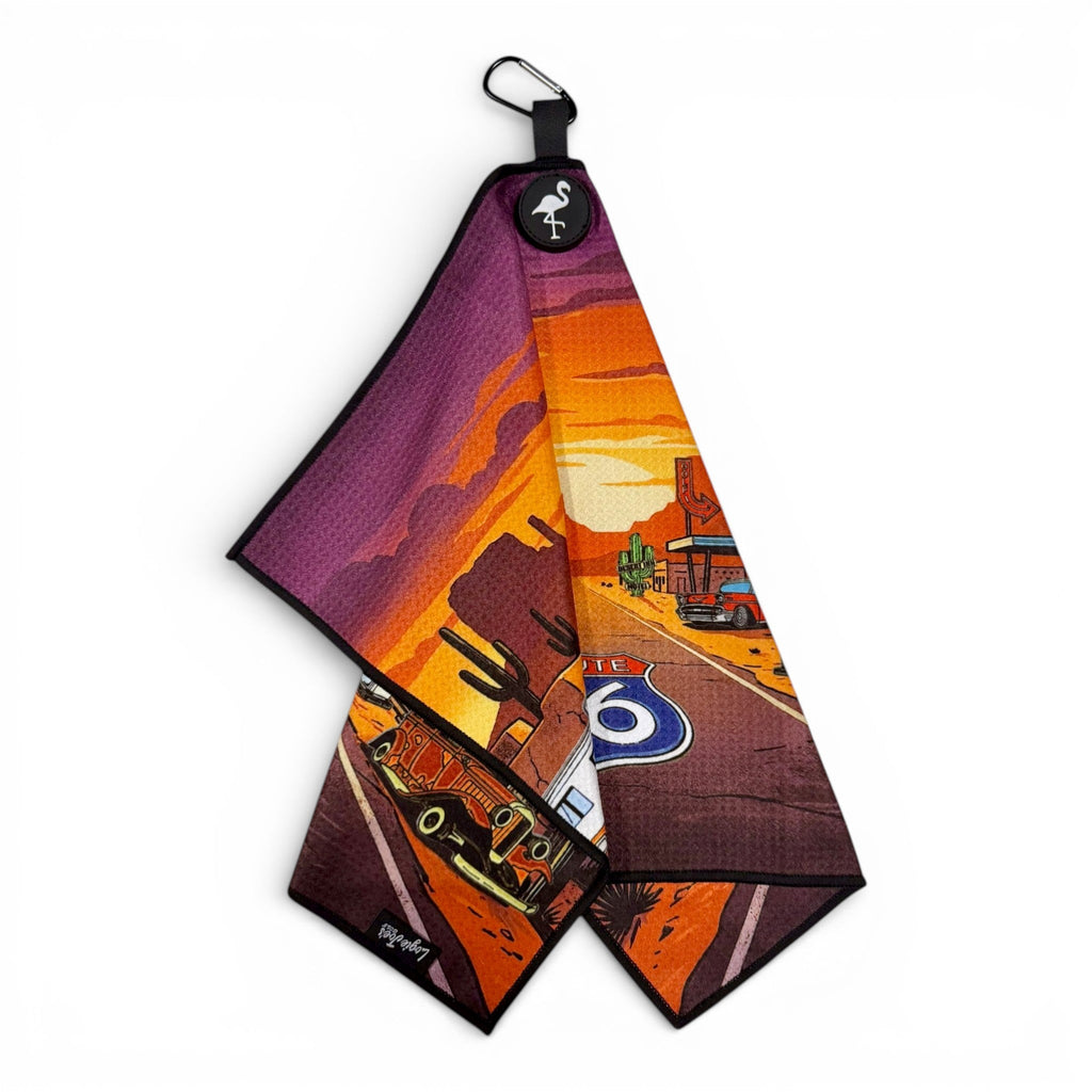 Route 66 Golf Towel | Premium Double-Sided Microfiber | Heavy-Duty Magnetic Towel with Carabiner Clip | 24 x 16 in